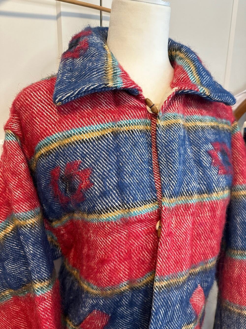 183. Vintage blanket coat; homemade?; red and blue; western